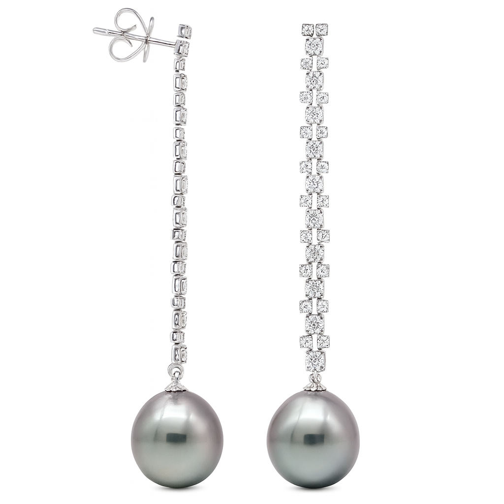 18K White Gold Tahitian Pearl Earrings, 12-13mm, 1.04ct