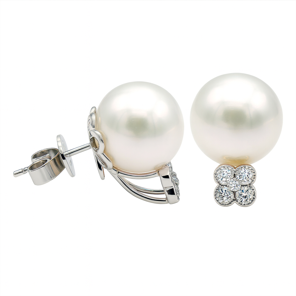 18K White Gold South Sea Pearl Earrings, 12-13mm, 0.3ct