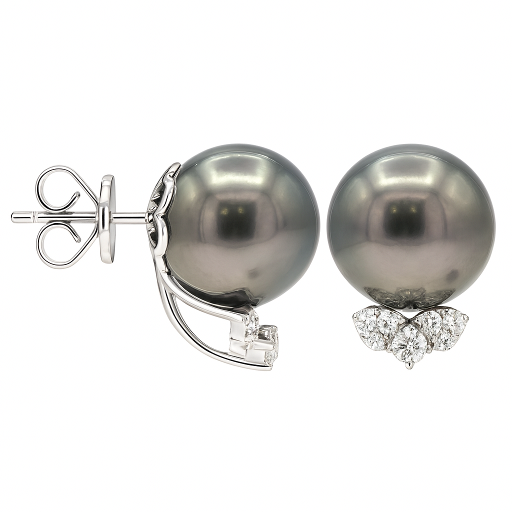 18K White Gold Tahitian Pearl Earrings, 12-13mm, 0.3ct
