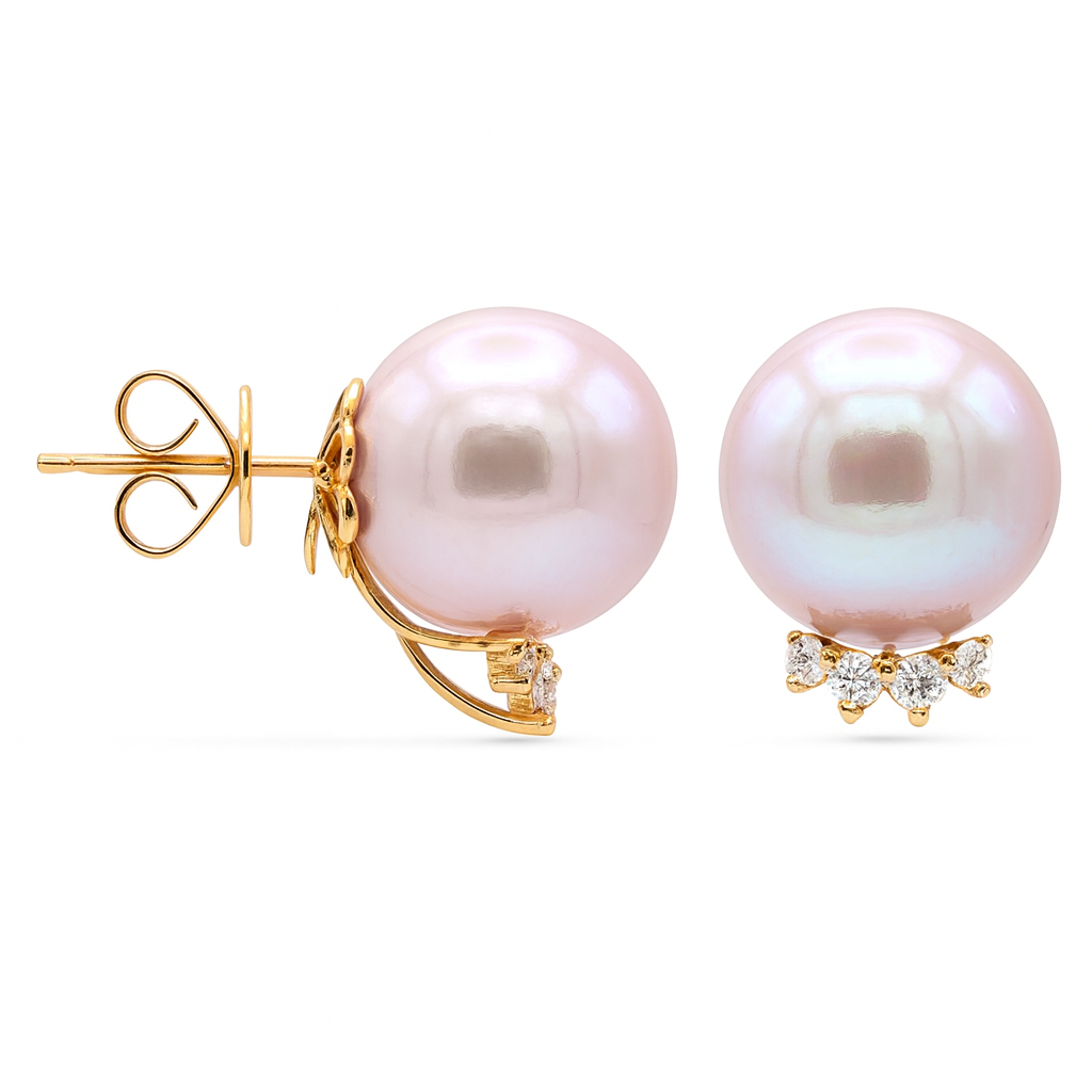 18K Rose Gold Freshwater Pearl Earrings, 14-15mm, 0.24ct