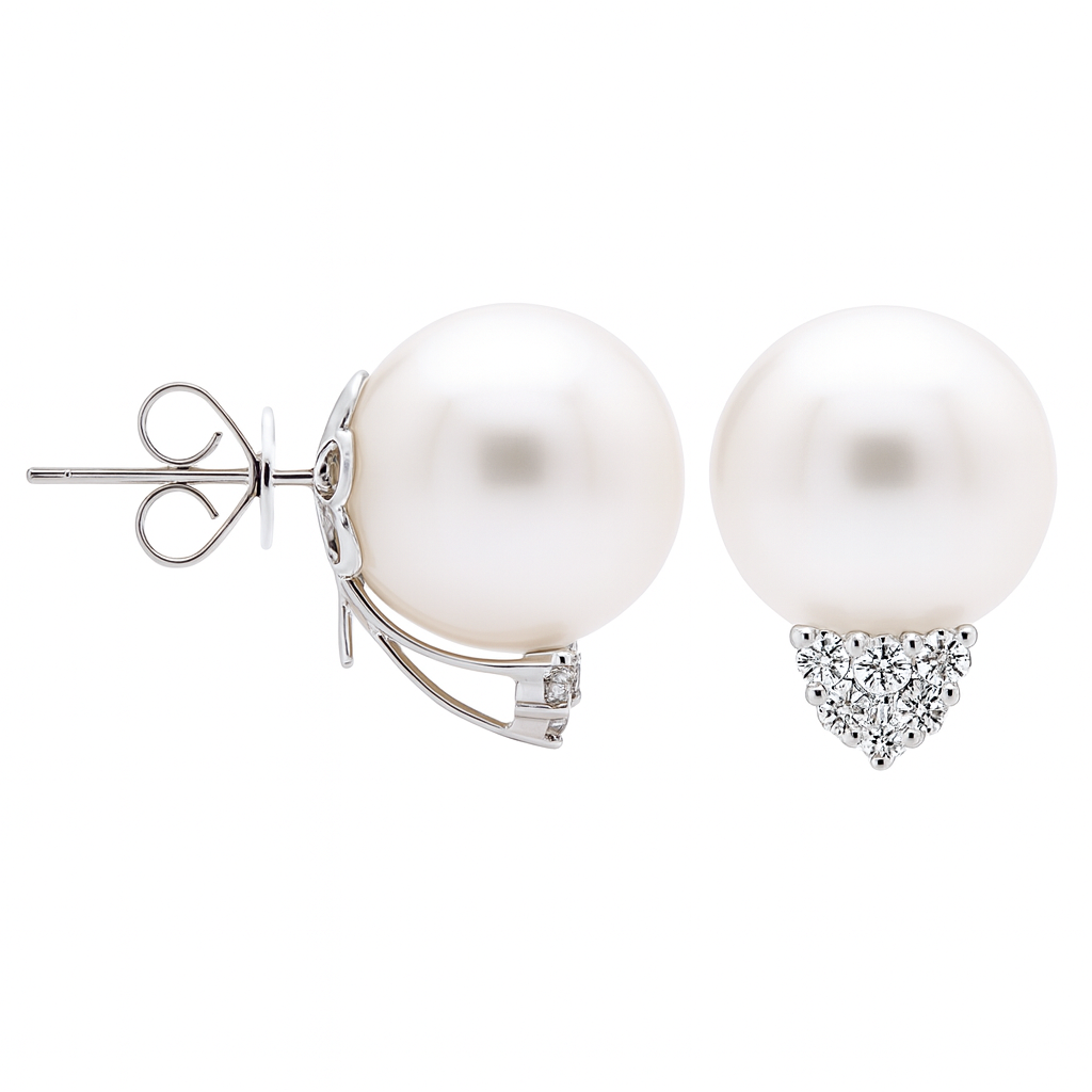 18K White Gold South Sea Pearl Earrings, 13-14mm, 0.35ct