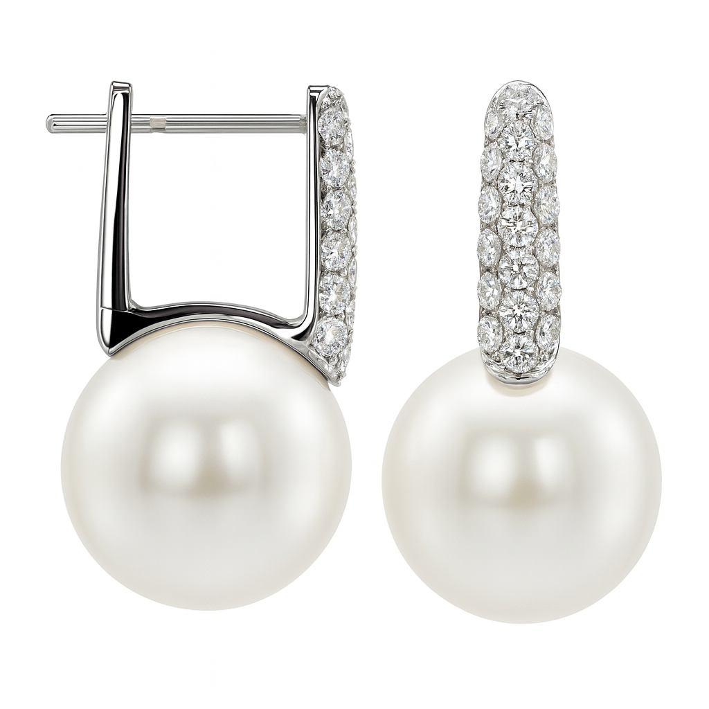 18K White Gold Freshwater Pearl Earrings, 12-13mm, 0.61ct