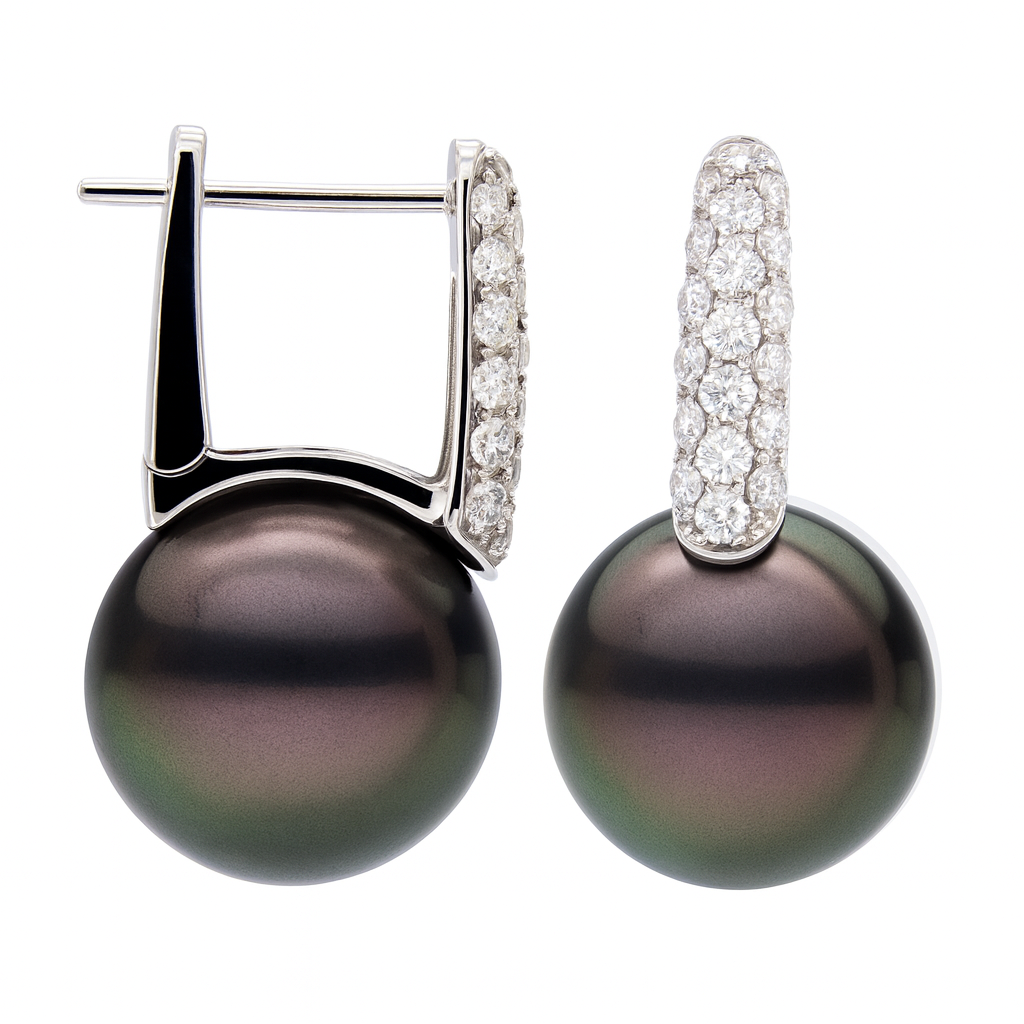 14K White Gold Diamond Tahitian Pearl Earrings, 12-13mm, 0.08ct