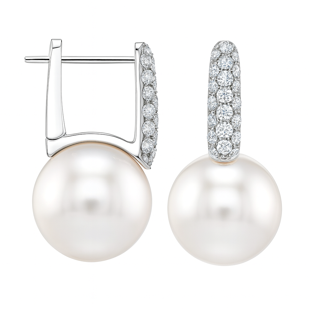 18K White Gold South Sea Pearl Earrings, 12-13mm, 0.61ct