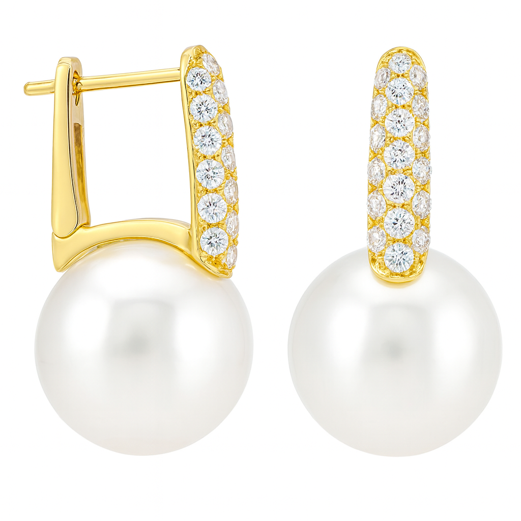 Handmade 18K Yellow Gold South Sea Pearl Earrings, 12-13mm, 0.61ct