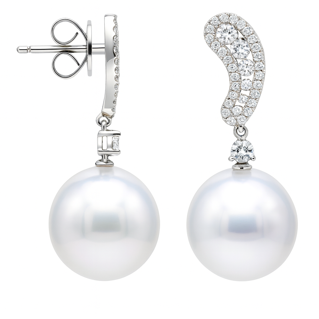 18K White Gold South Sea Pearl Earrings, 12-13mm, 0.6ct