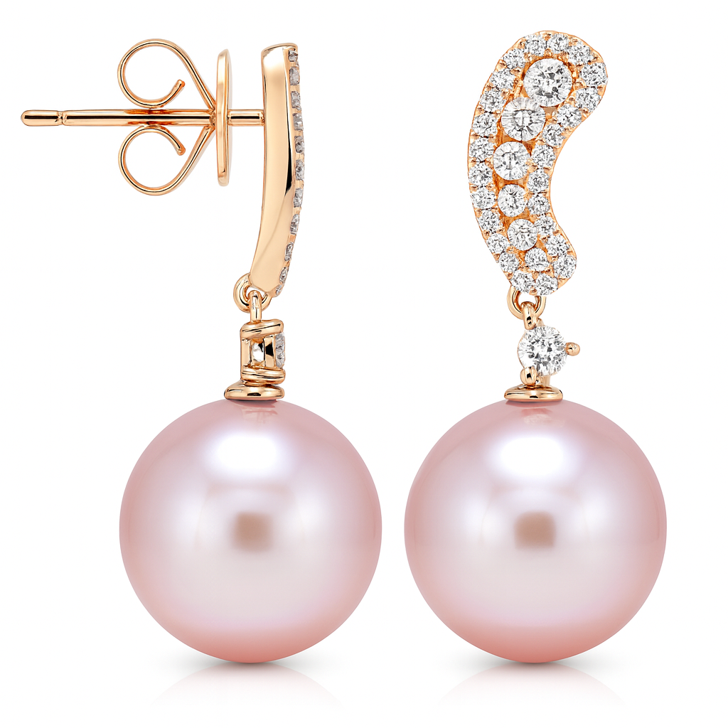 18K Rose Gold Freshwater Pearl Earrings, 12-13mm, 0.6ct