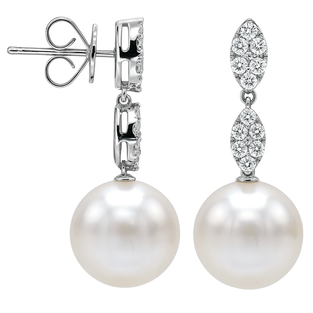 18K White Gold Freshwater Pearl Earrings, 11-12mm, 0.45ct