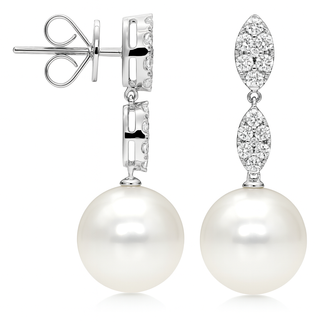 18K White Gold South Sea Pearl Earrings, 11-12mm, 0.45ct