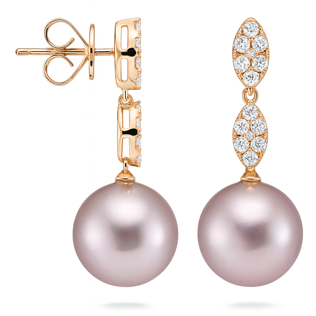 18K Rose Gold Freshwater Pearl Earrings, 11-12mm, 0.45ct