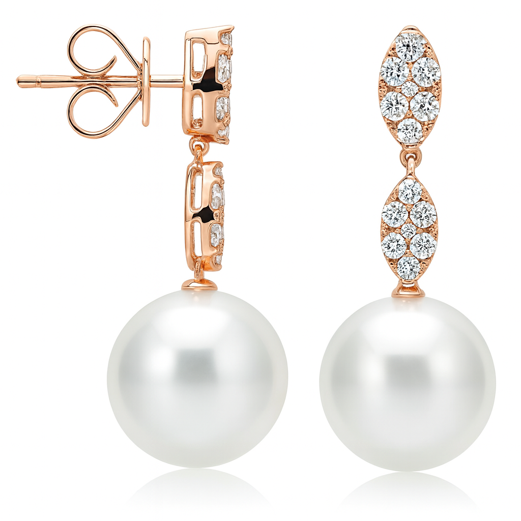 18K Rose Gold Freshwater Pearl Earrings, 11-12mm, 0.45ct