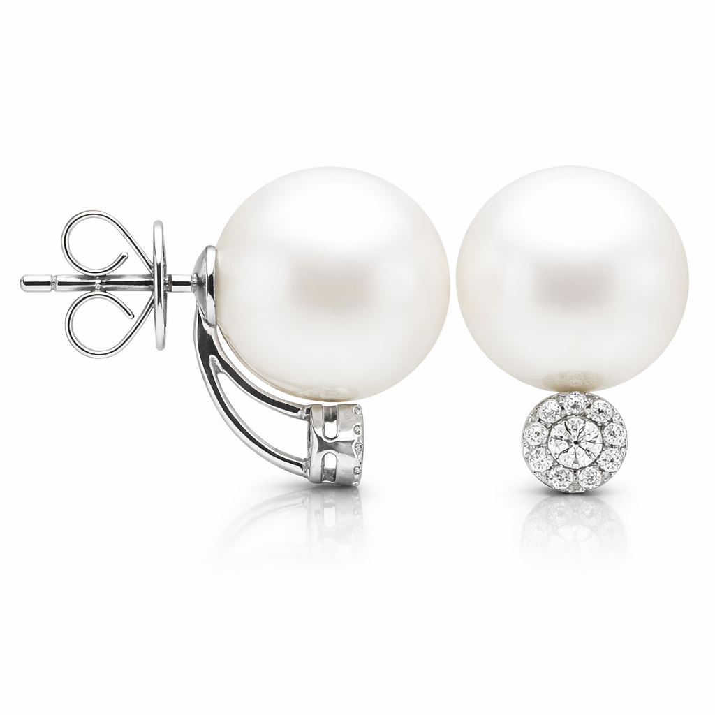 18K White Gold South Sea Pearl Earrings, 12-13mm, 0.18ct