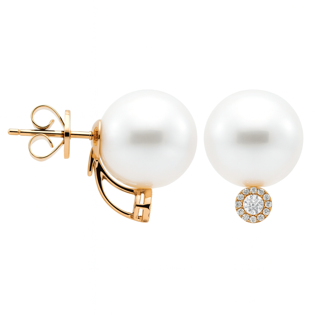 18K Rose Gold South Sea Pearl Earrings, 12-13mm, 0.18ct