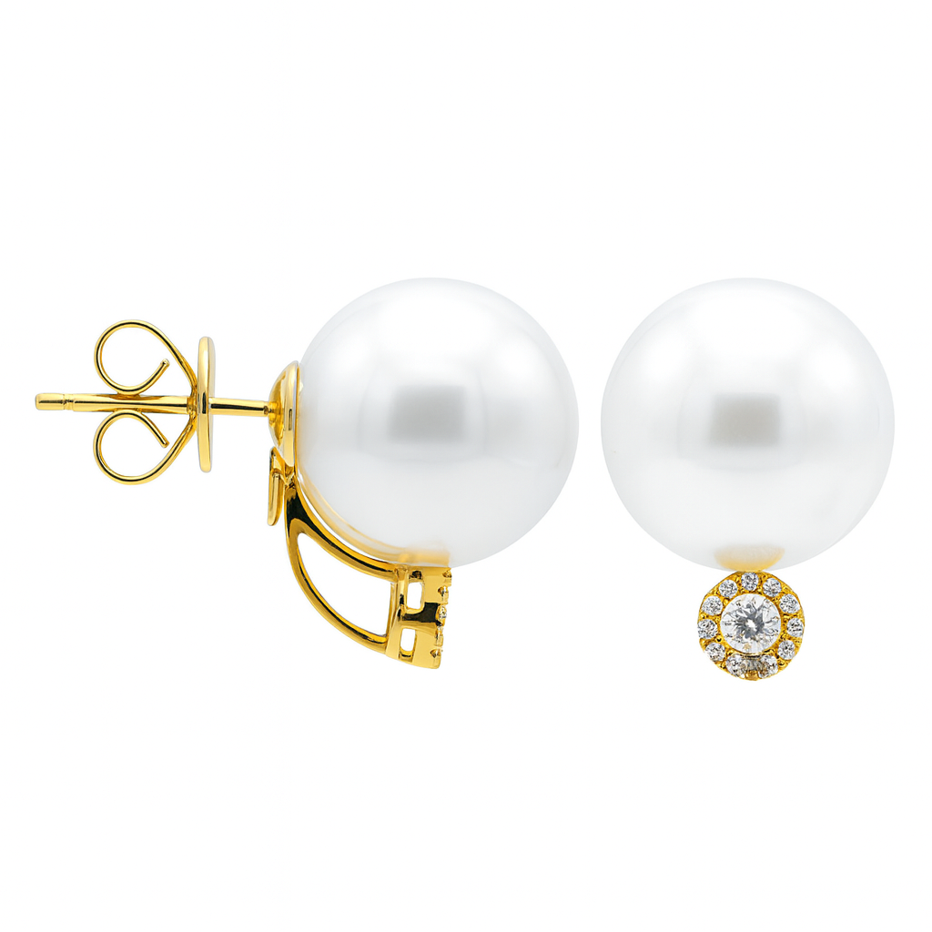 18K Yellow Gold South Sea Pearl Earrings, 12-13mm, 0.18ct