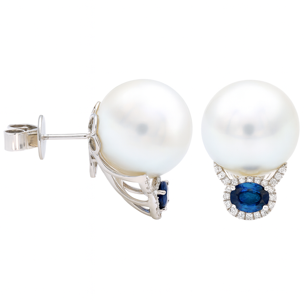 18K White Gold South Sea Pearl Earrings, 13-14mm, 0.83ct