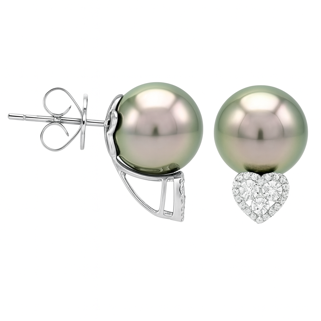 18K White Gold Tahitian Pearl Earrings, 10-11mm, 0.29ct