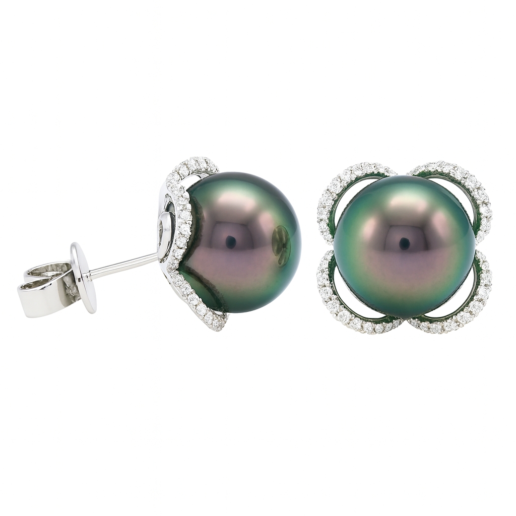 18K White Gold Tahitian Pearl Earrings, 11-12mm, 0.43ct