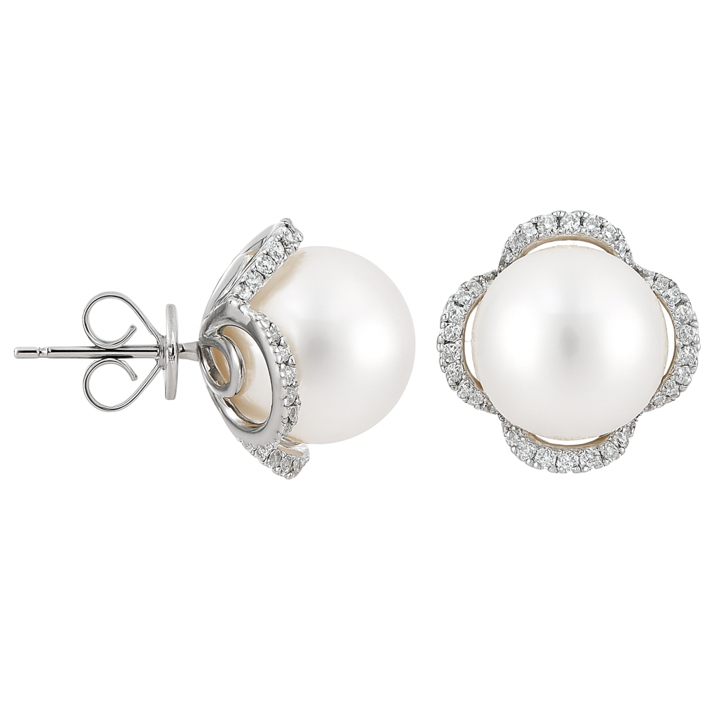 18K White Gold South Sea Pearl Earrings, 11-12mm, 0.43ct