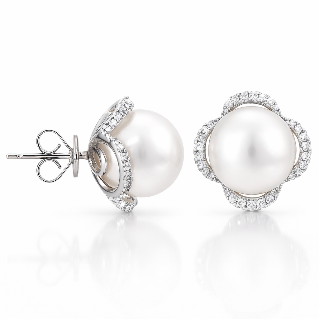 18K White Gold South Sea Pearl Earrings, 11-12mm, 0.43ct