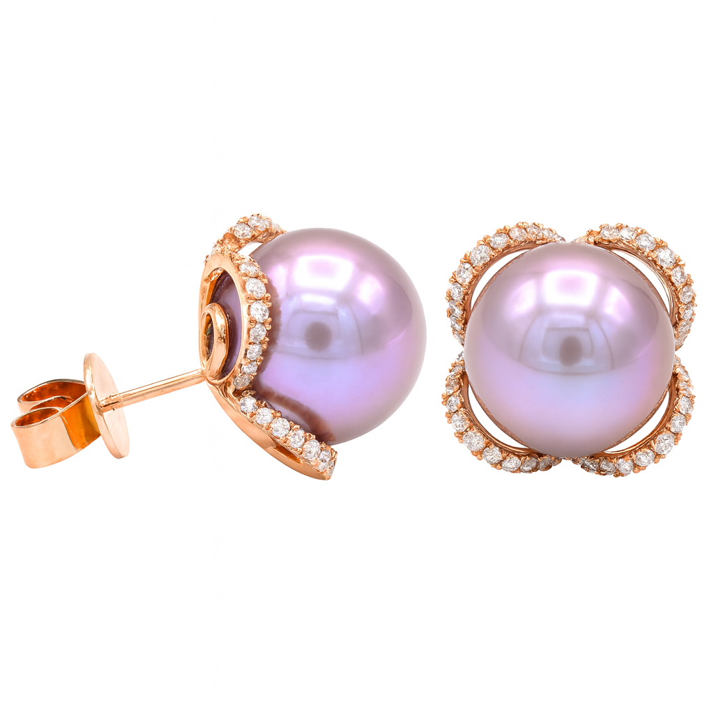 18K Rose Gold Freshwater Pearl Earrings, 11-12mm, 0.43ct