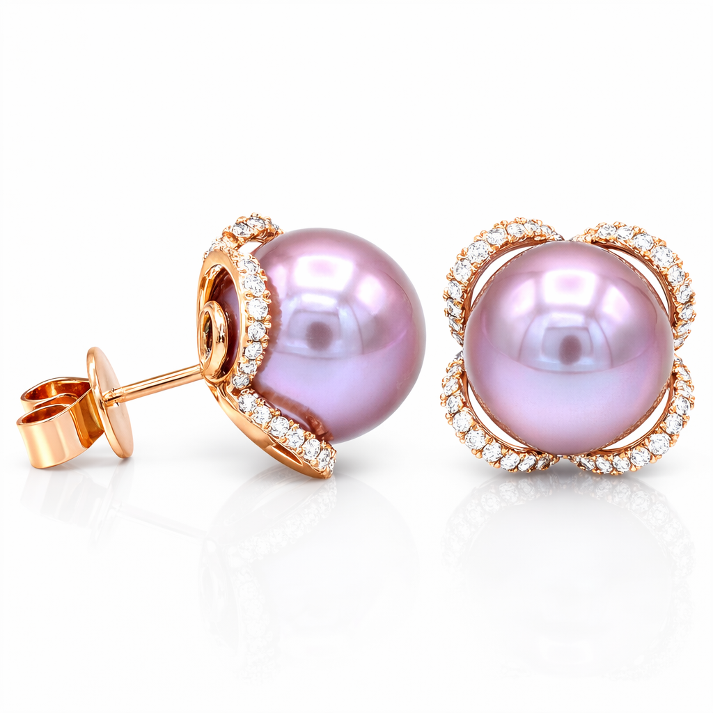 18K Rose Gold Freshwater Pearl Earrings, 11-12mm, 0.43ct