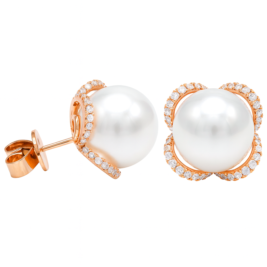 18K Rose Gold Diamond South Sea Pearl Earrings, 11-12mm, 0.43ct
