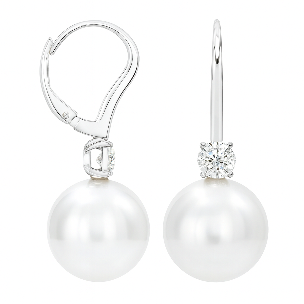 18K White Gold 11-12mm Freshwater Pearl Earrings, 0.17ct
