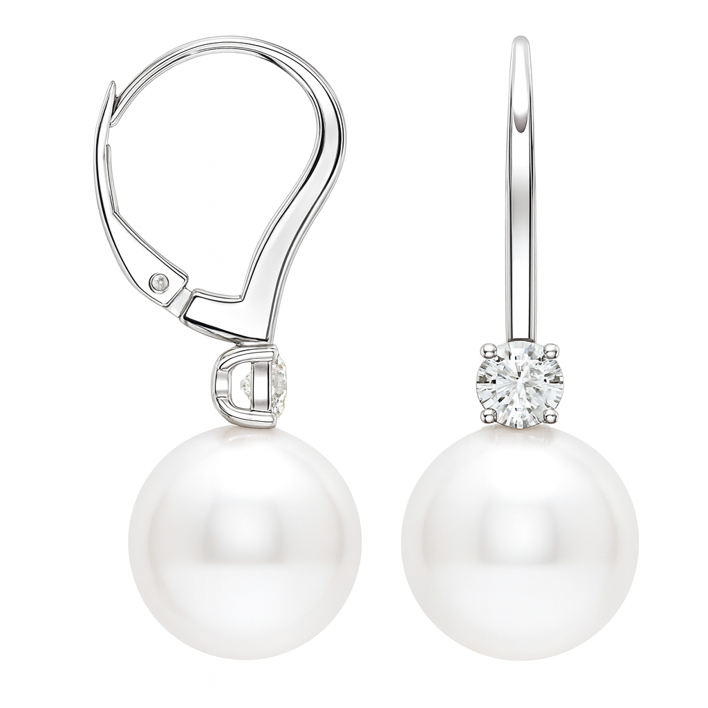 14K White Gold Freshwater Pearl Earrings, 9-10mm, 0.06ct
