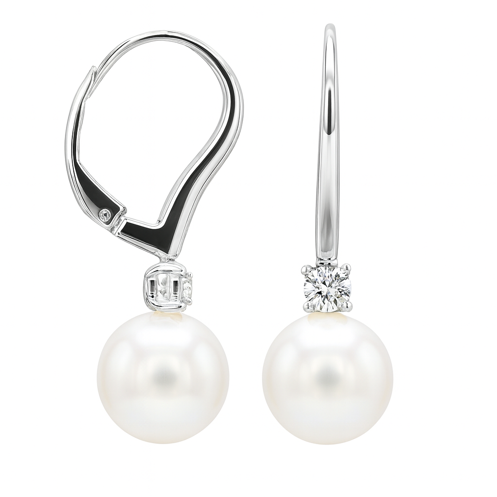 14K White Gold Freshwater Pearl Earrings, 9-10mm, 0.06ct