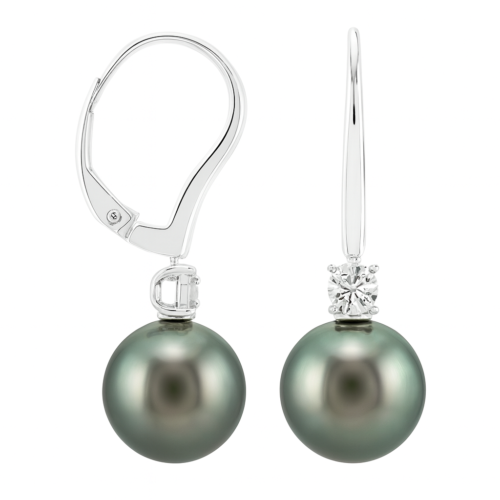 14K White Gold Tahitian Pearl Earrings, 9-10mm, 0.06ct