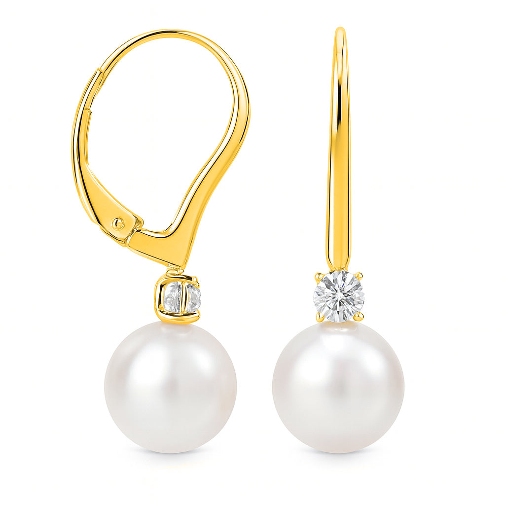 14K Yellow Gold White Freshwater Pearl Earrings, 11-12mm, 0.17ct