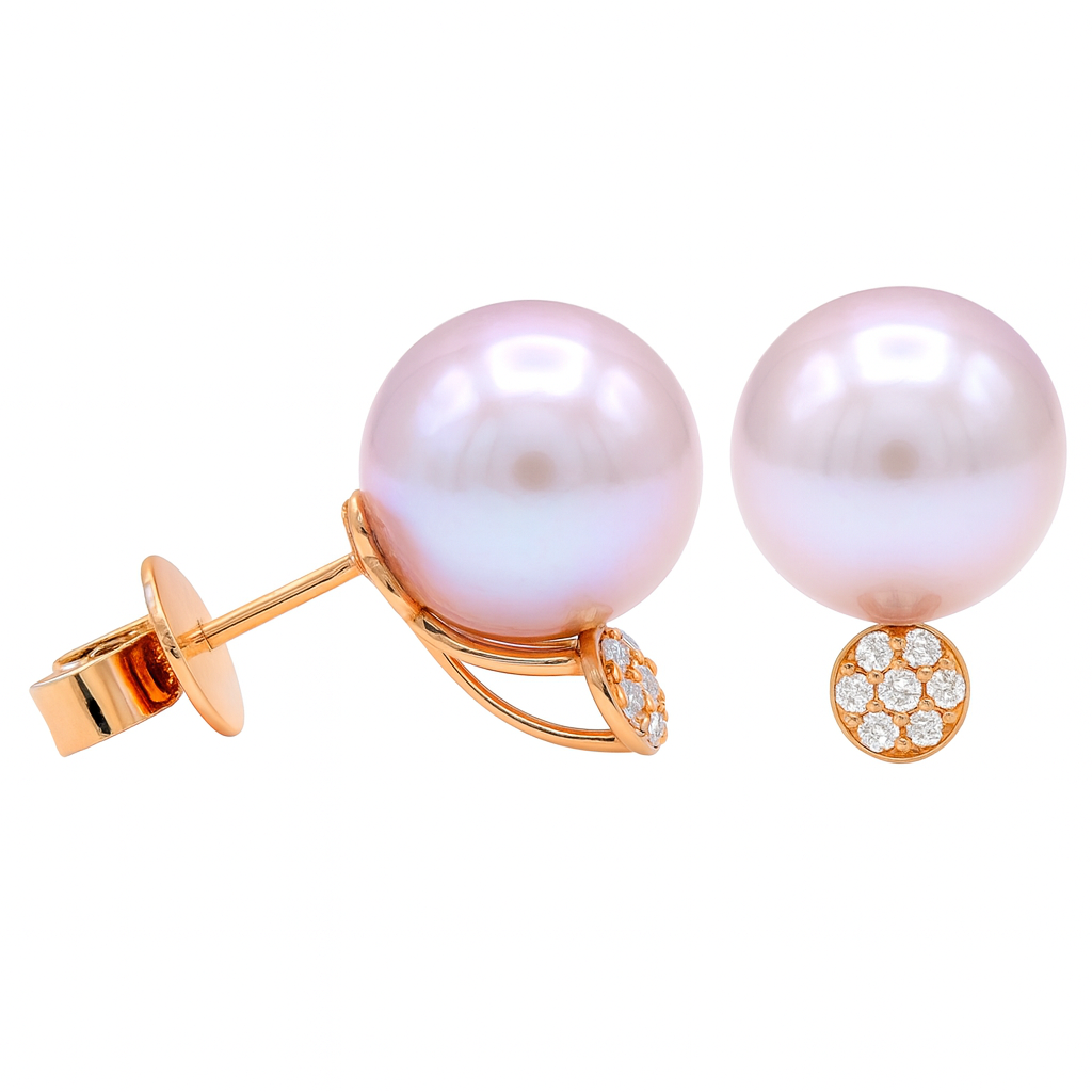 18K Rose Gold Freshwater Pearl Earrings, 11-12mm, 0.1ct