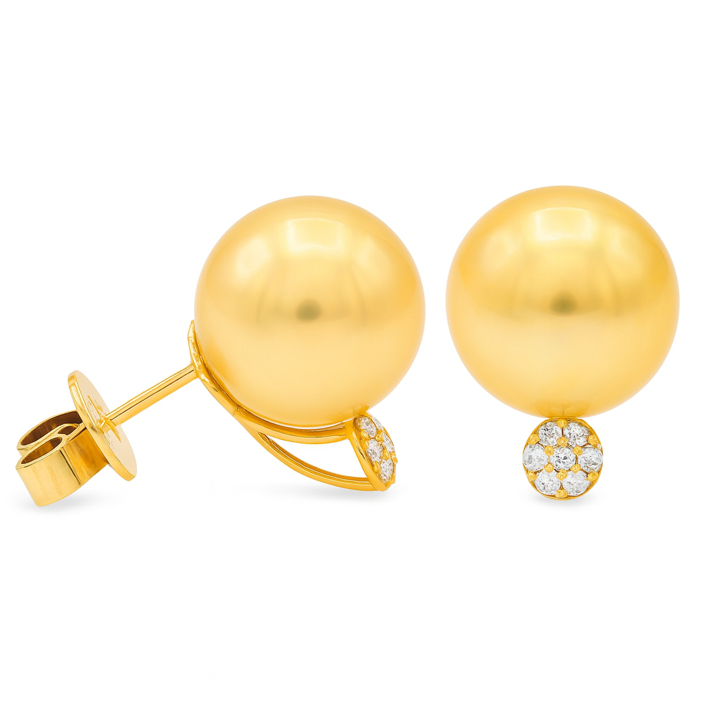 18K Yellow Gold Golden Pearl Earrings, 11-12mm, 0.1ct