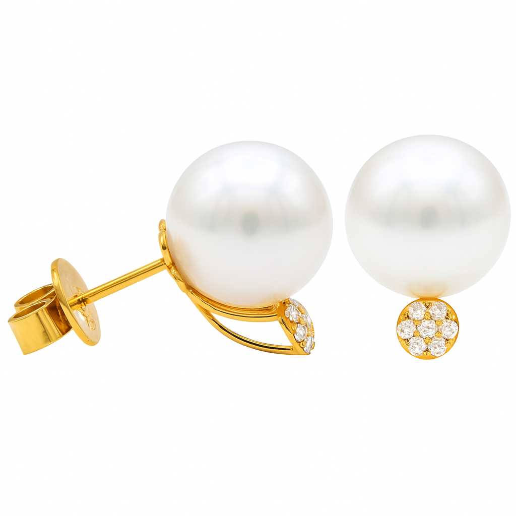 18K Yellow Gold South Sea Pearl Earrings, 11-12mm, 0.1ct