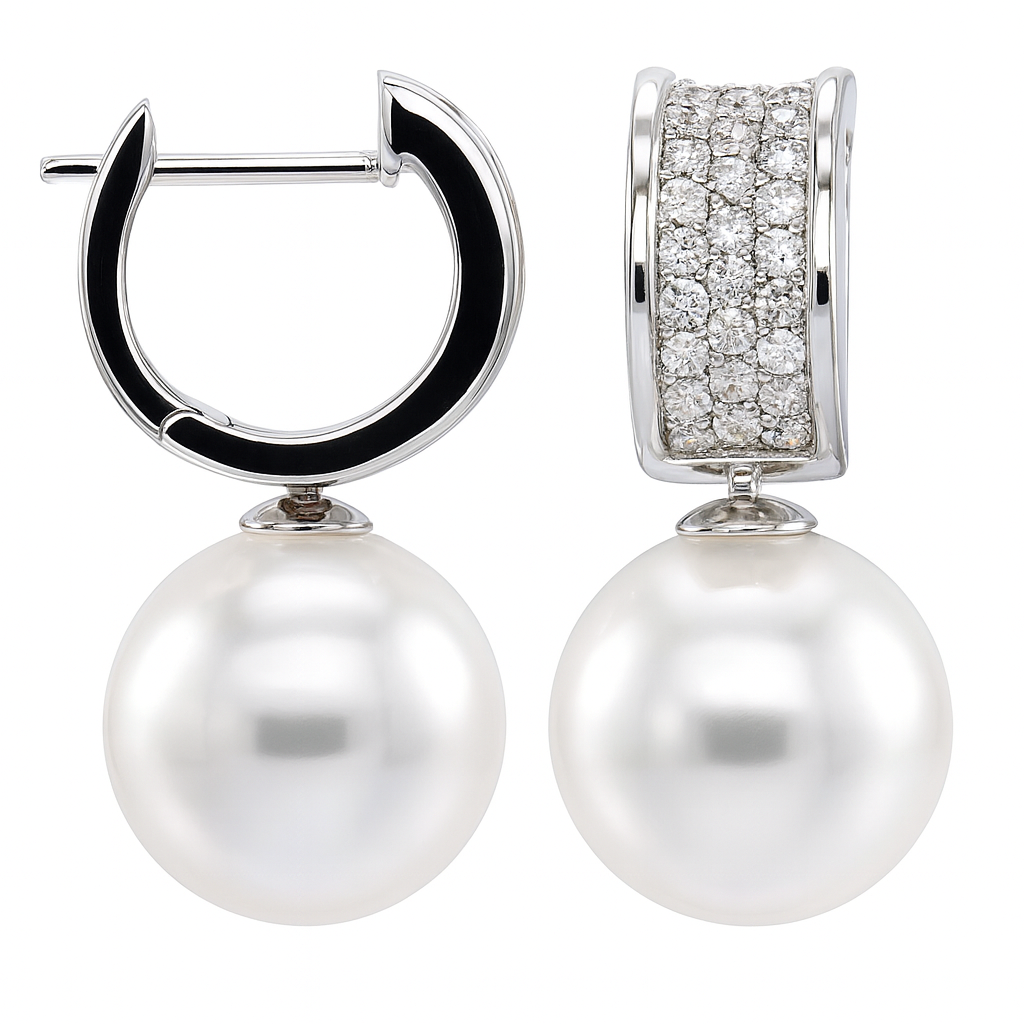 18K White Gold Freshwater Pearl Earrings, 11-12mm, 0.41ct