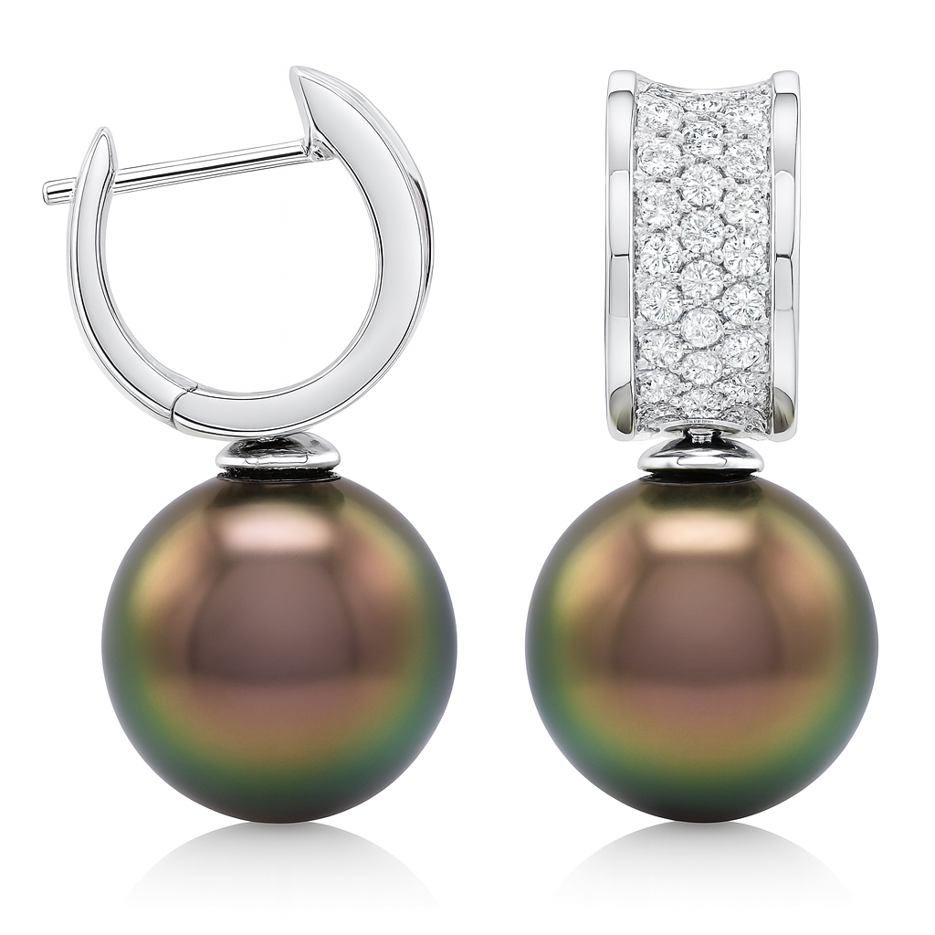 18K White Gold Tahitian Pearl Earrings, 11-12mm, 0.41ct