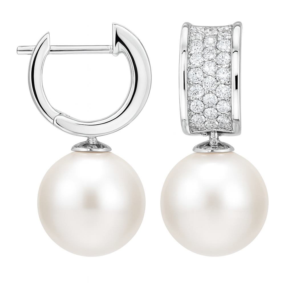 18K White Gold South Sea Pearl Earrings, 11-12mm, 0.41ct