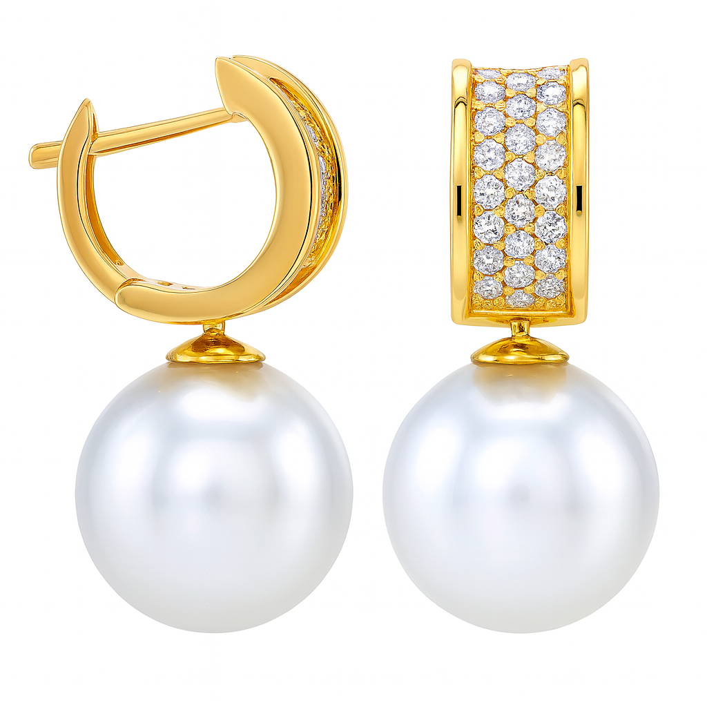 18K Yellow Gold White Freshwater Pearl Earrings, 11-12mm, 0.4ct