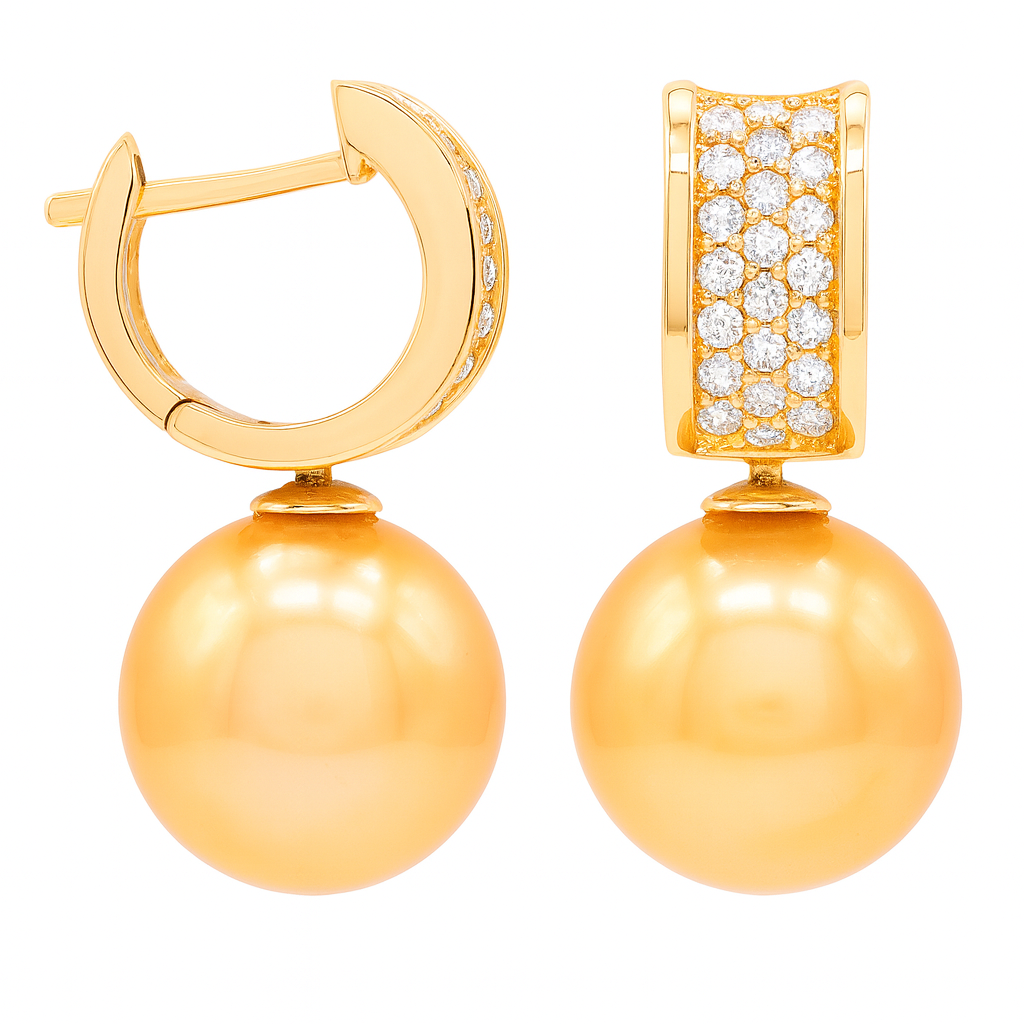 18K Yellow Gold Golden Pearl Earrings, 11-12mm, 0.44ct
