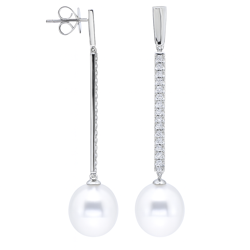 18K White Gold Freshwater Pearl Earrings, 12-13mm, 0.63ct