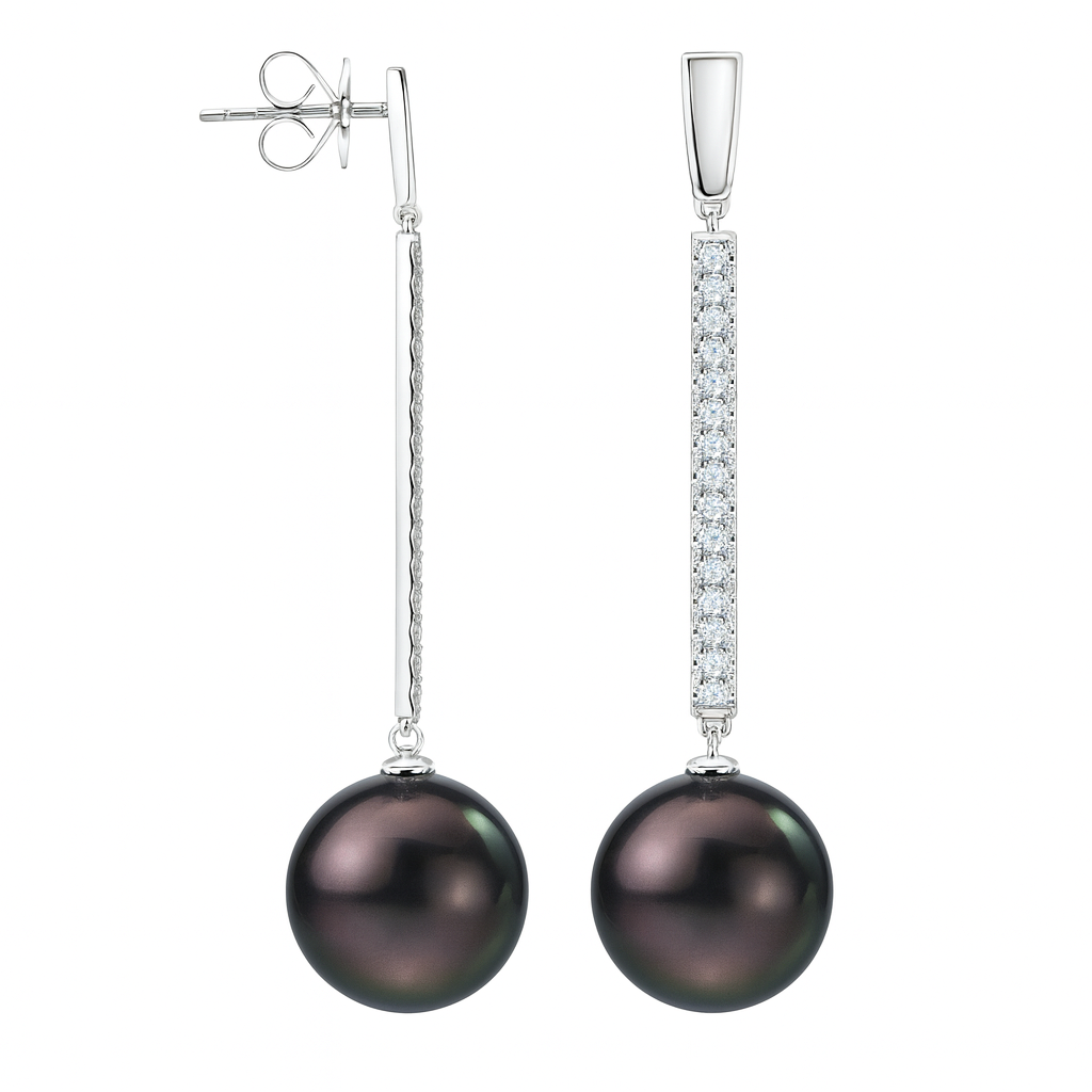 18K White Gold Tahitian Pearl Earrings, 12-13mm, 0.63ct