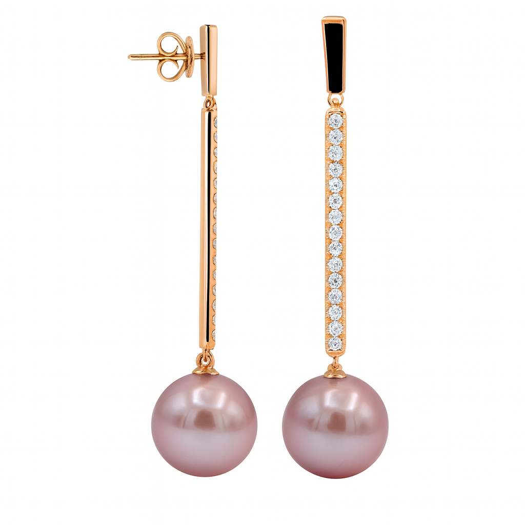 18K Rose Gold Freshwater Pearl Earrings, 12-13mm, 0.63ct