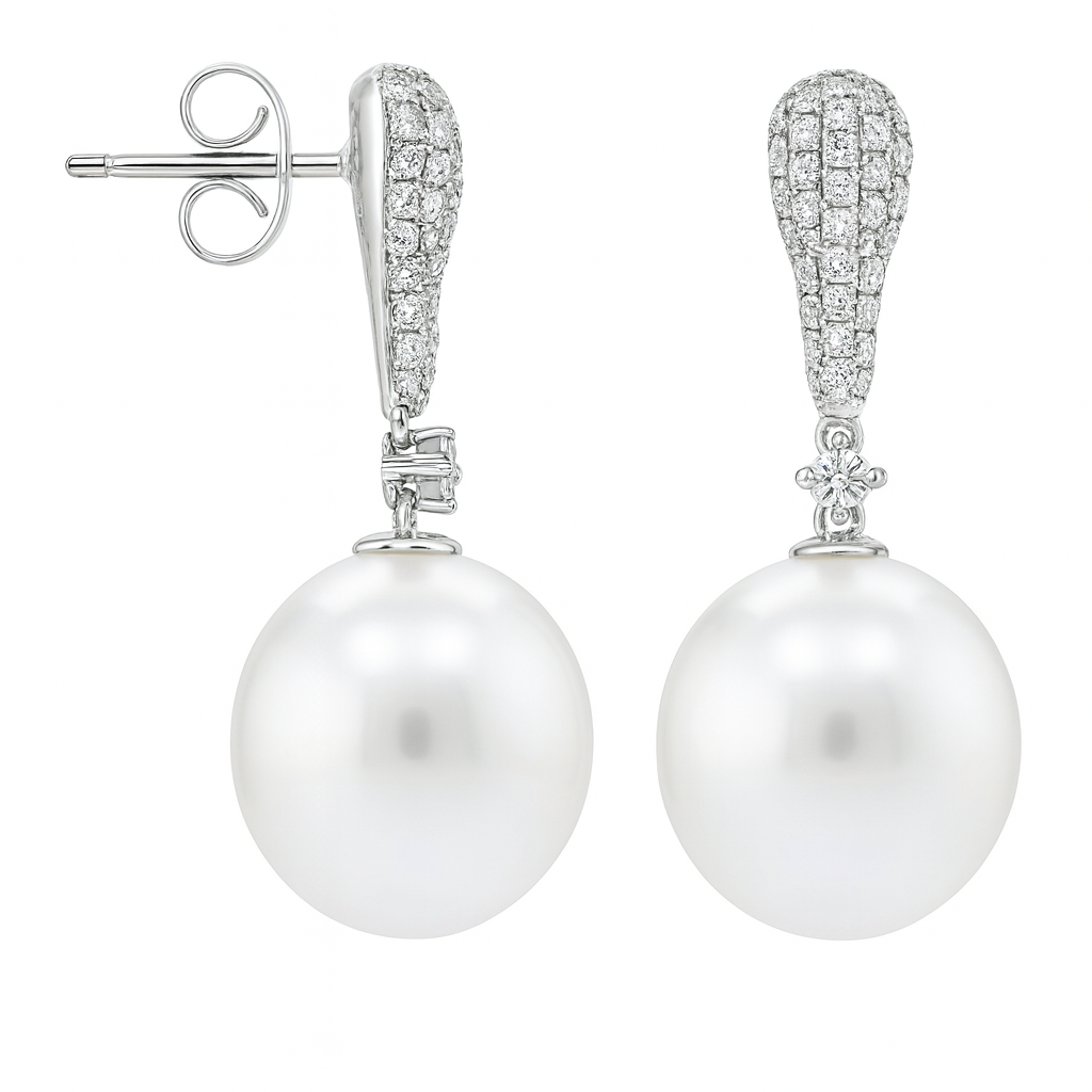18K White Gold South Sea Pearl Earrings, 11-12mm, 0.37ct
