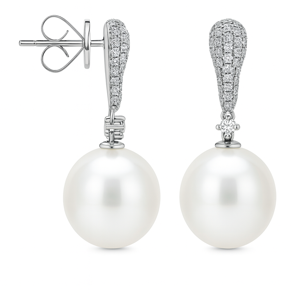 18K White Gold South Sea Pearl Earrings, 11-12mm, 0.37ct