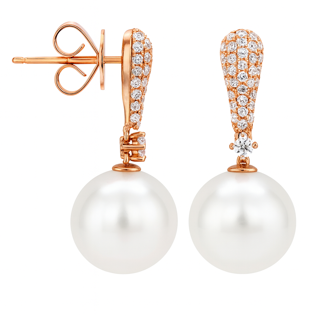 18K Rose Gold South Sea Pearl Earrings, 11-12mm, 0.37ct