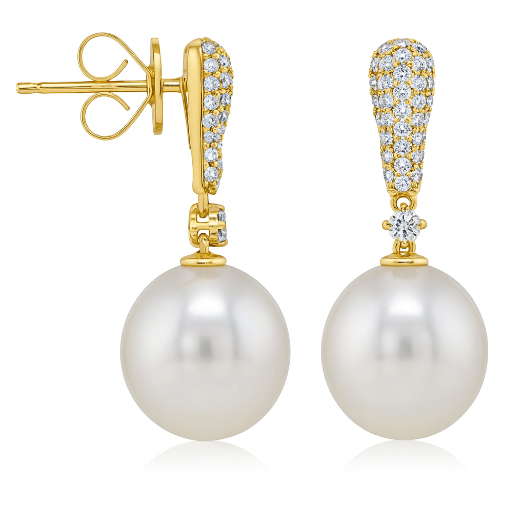 18K Yellow Gold Freshwater Pearl Earrings, 11-12mm, 0.37ct