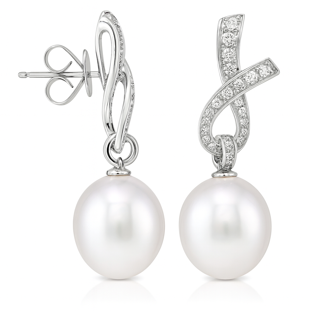 18K White Gold South Sea Pearl Earrings, 12-13mm, 0.57ct