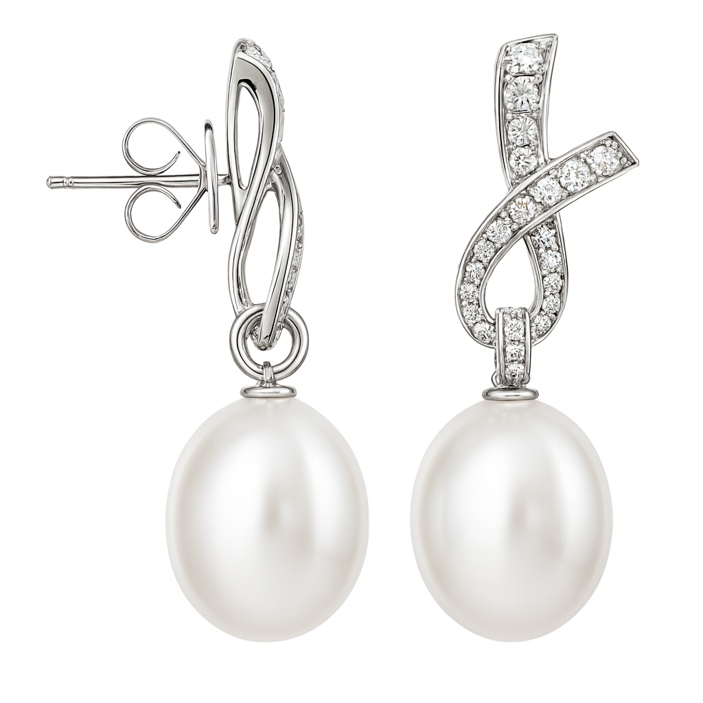 18K White Gold South Sea Pearl Earrings, 11-12mm, 0.57ct