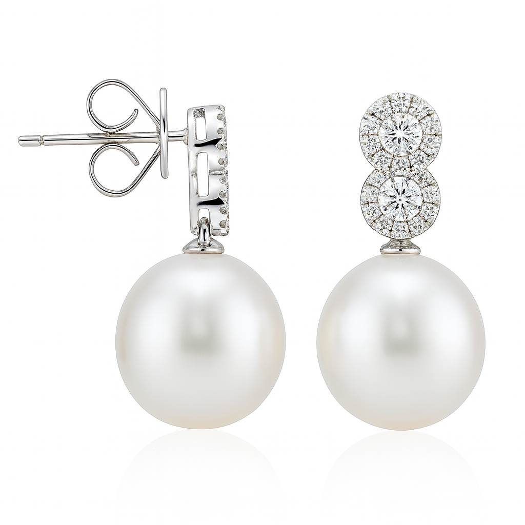 18K White Gold Freshwater Pearl Earrings, 12-13mm, 0.32ct