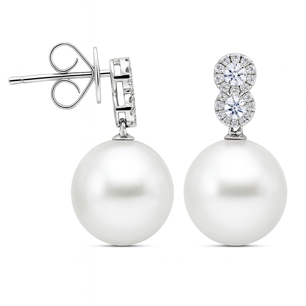 18K White Gold South Sea Pearl Earrings, 12-13mm, 0.32ct